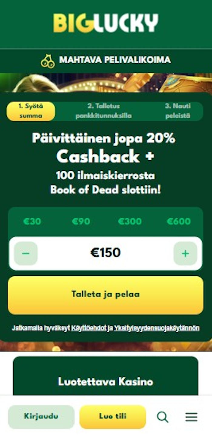 Big Lucky tarjoaa päivittäin jopa 20 % cashbackin.