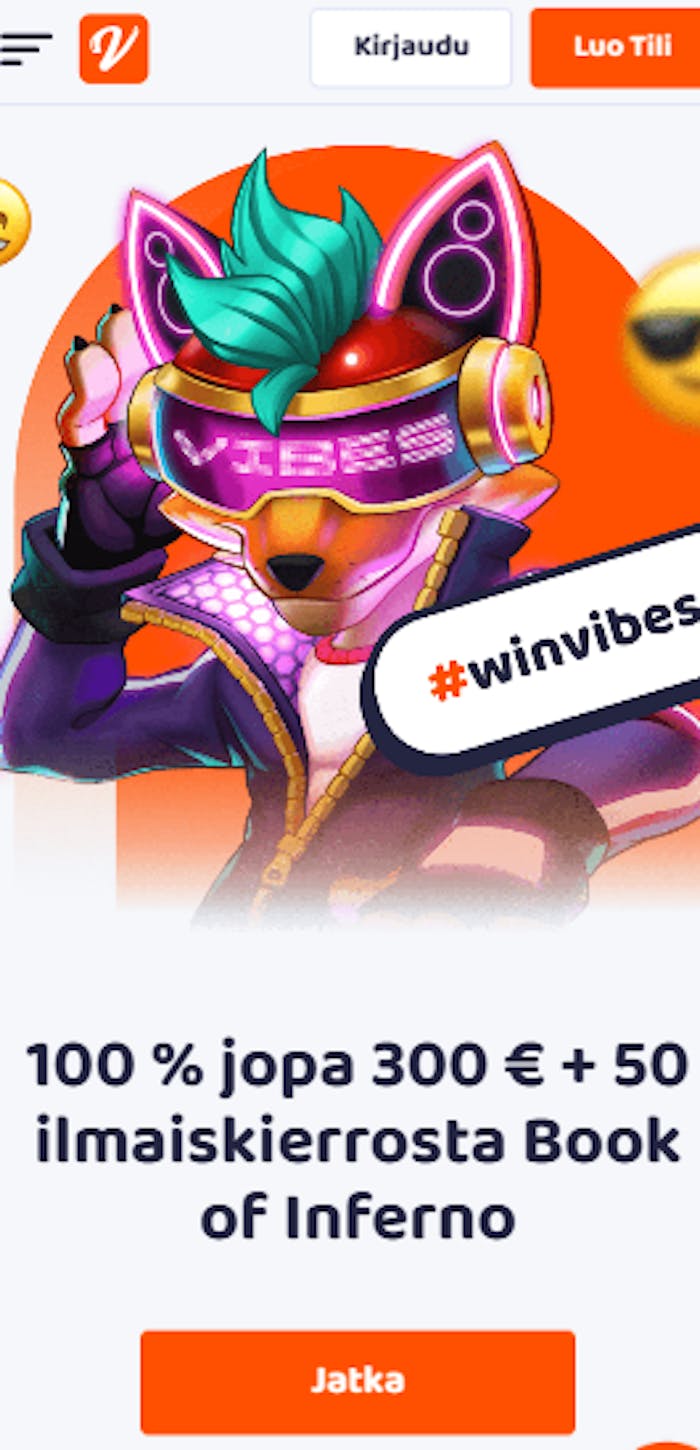 Casino Vibes kasinon tervetuliaistarjous on 100 % talletusbonus 300 euroon asti ja ilmaispyöräytyksiä.
