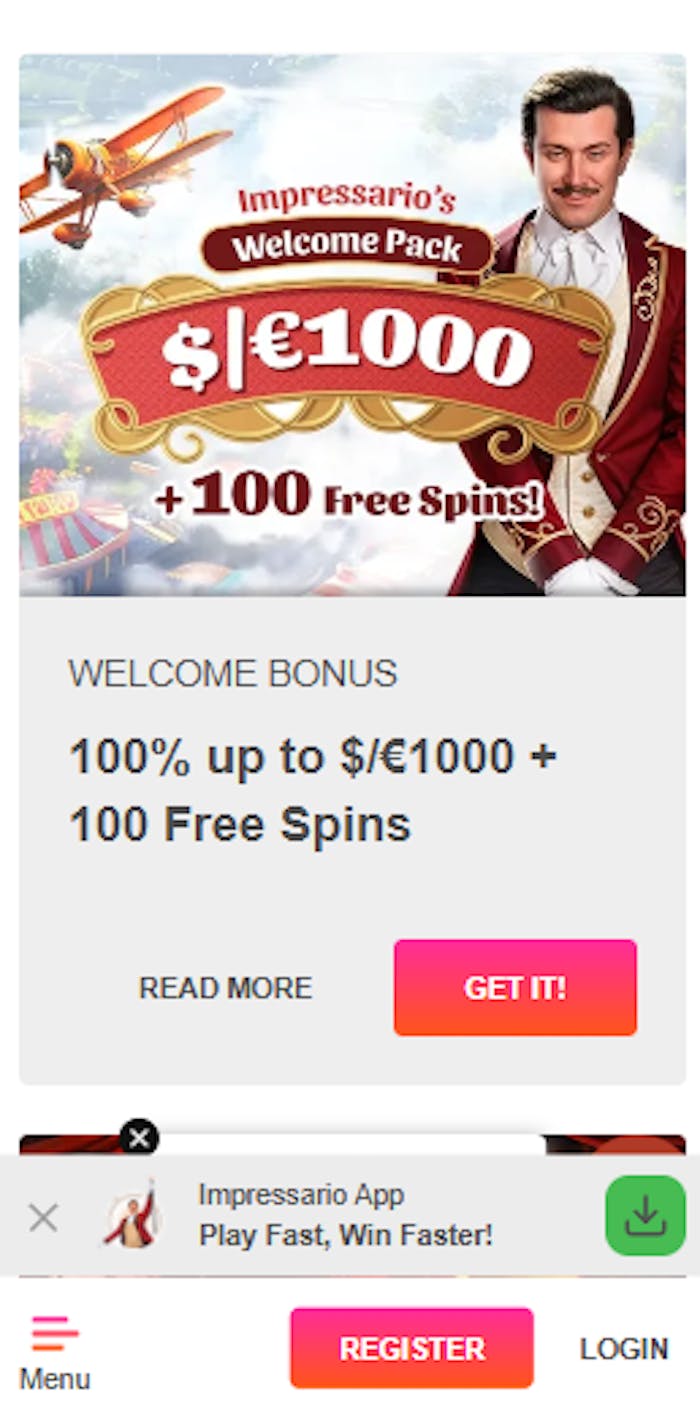 Impressario Casinon tervetuliaistarjous on 100 % talletusbonus 1000 euroon ja 100 ilmaispyöräytystä.