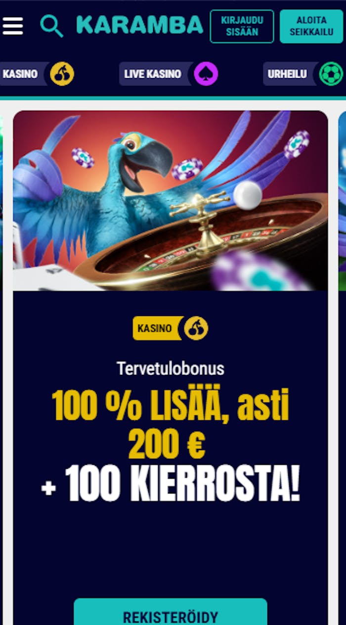 Karamba kasinolta saa tervetuliaistarjouksena 100 % bonuksen 200 euroon asti ja 100 ilmaispyöräytystä.
