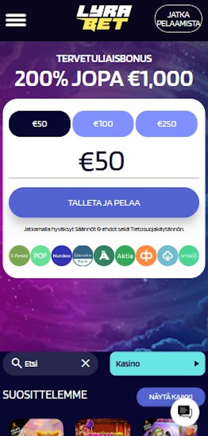 Lyrabet Casinon tervetuliaisbonus on 200 % bonus 1000 euroon asti.
