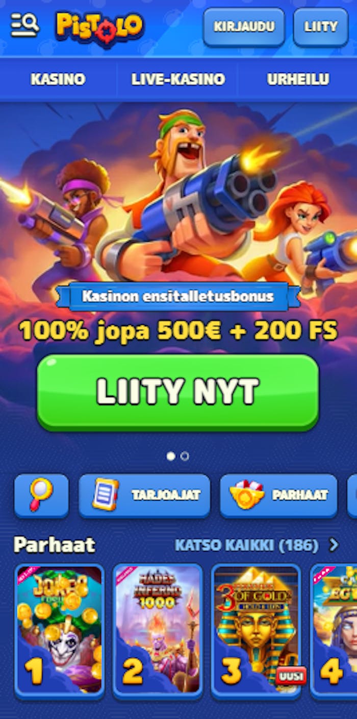 Pistolo kasinolla on 100 % ensitalletusbonus 500 euroon asti sekä 200 ilmaispyöräytystä,