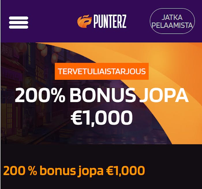 Punterz kasinon tervetuliaistarjous on 200 % bonus 1000 euroon.