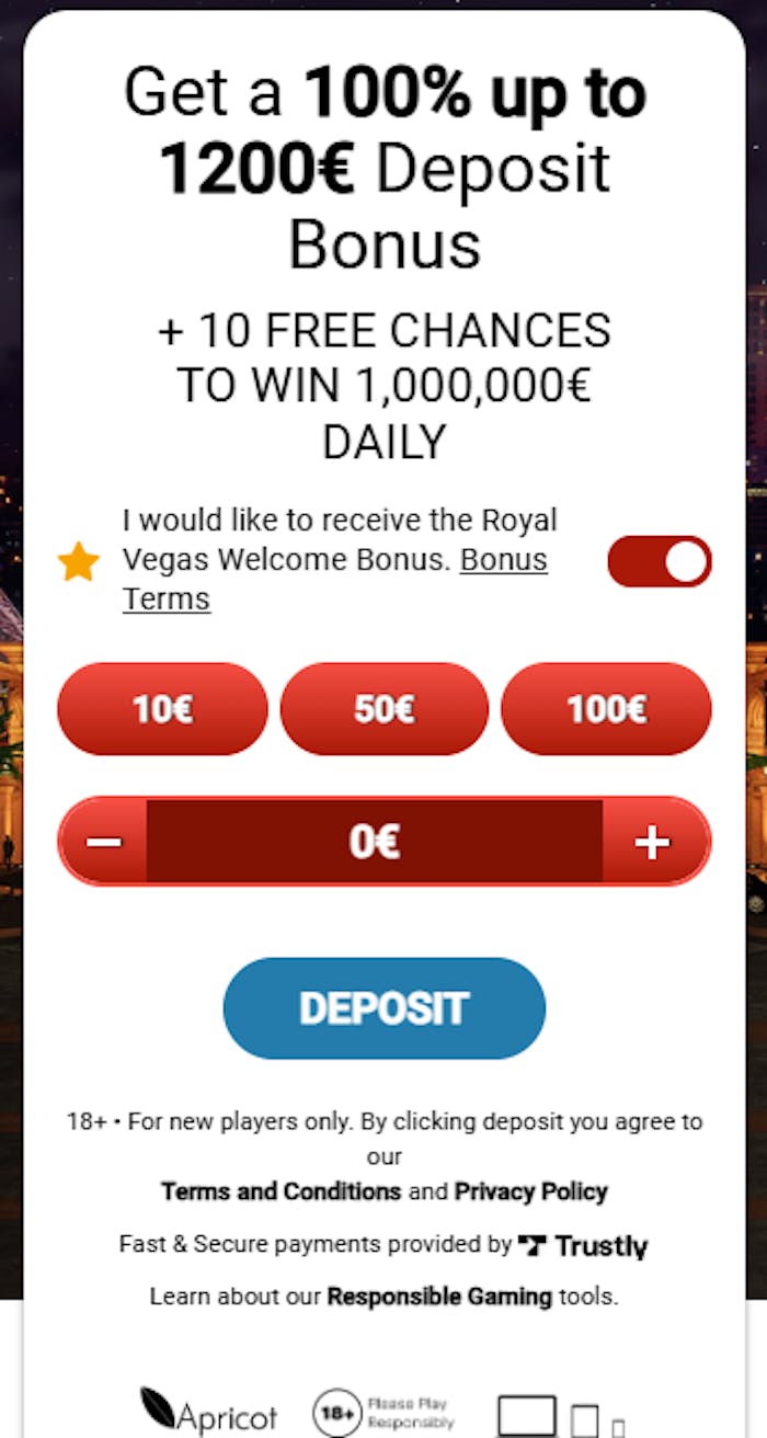 Royal Vegas tarjoaa 100 % bonuksen 1200 euroon asti.