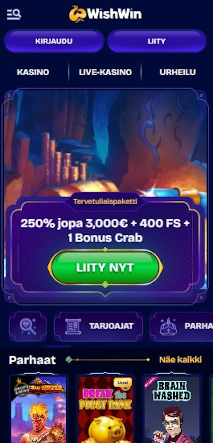 WishWin Casinon tervetuliaisbonus on 250% bonus jopa 3000 euroon sekä ilmaiskierroksia ja bonus crab.