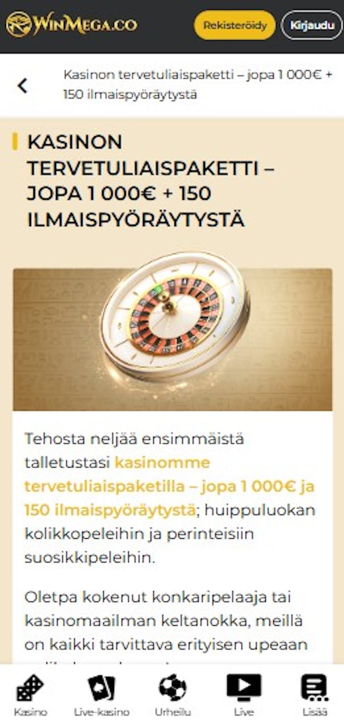 WinMega Casinon tervetuliaisetu on jopa 1000 euron arvoinen.
